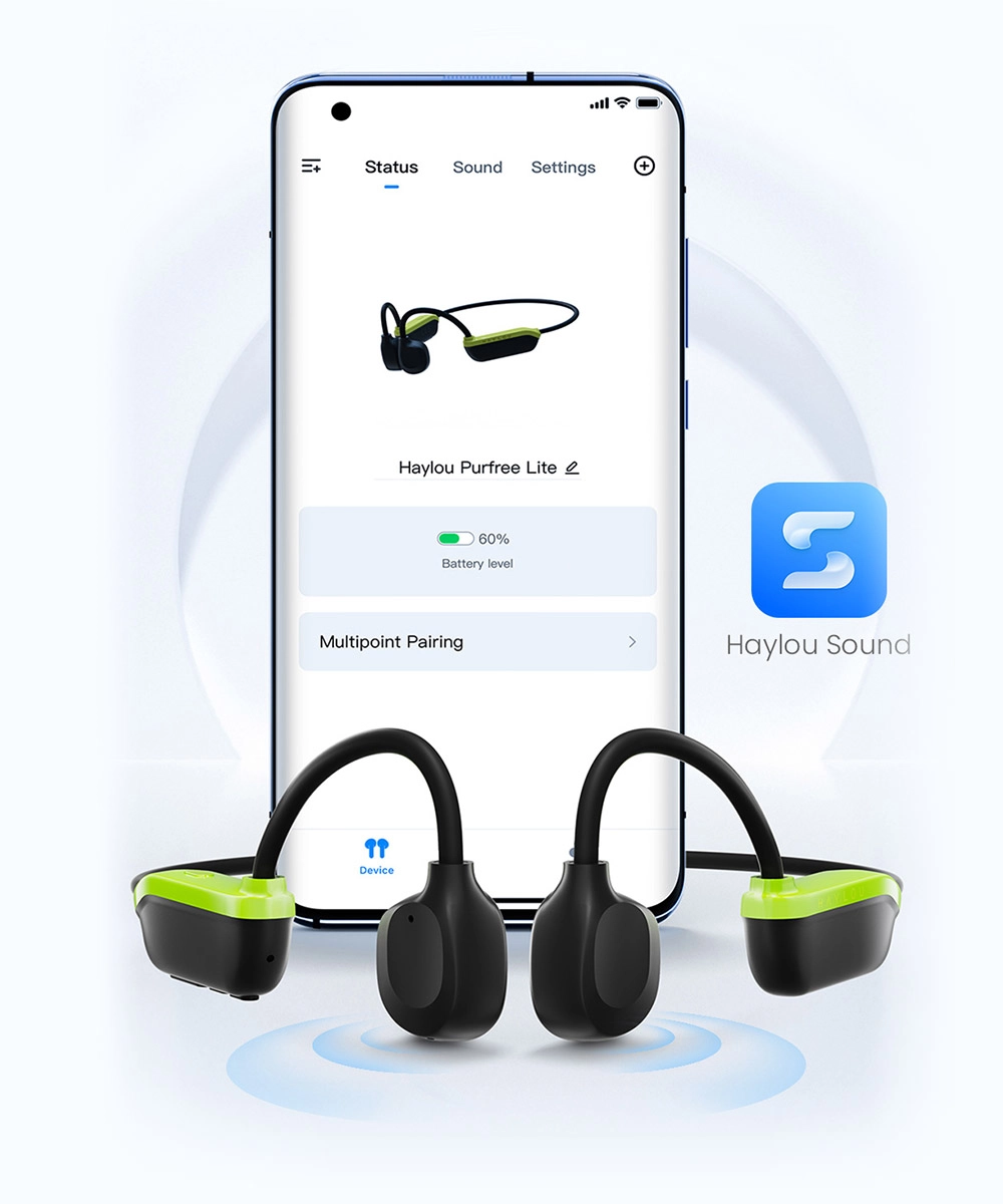 Haylou PurFree Lite BC04 next to smartphone with Haylou Sound APP